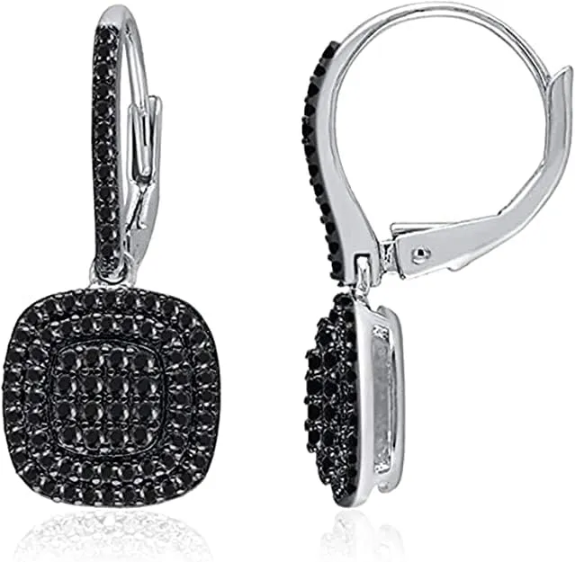 1 Ct Round Cut Simulated Black Diamond Cluster Double Halo Frame Drop & Dangle Women's Earrings 14k White Gold Plated 925 Sterling Silver