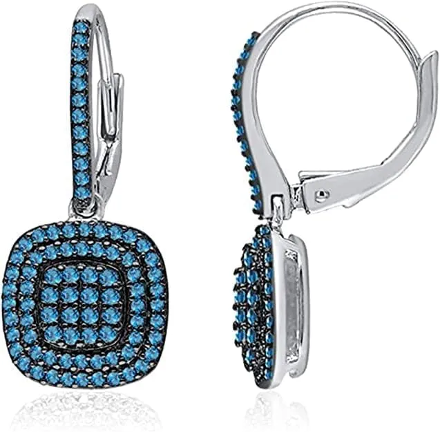 1 Ct Round Cut Simulated Blue Topaz Cluster Double Halo Frame Drop & Dangle Women's Earrings 14k White Gold Plated 925 Sterling Silver