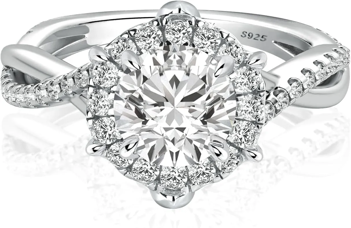 1.0CT VVS D-Color Moissanite Engagement Ring,Classic Round Brilliant Cut Halo Split Twist Shank 925 Sterling Silver Promise Ring