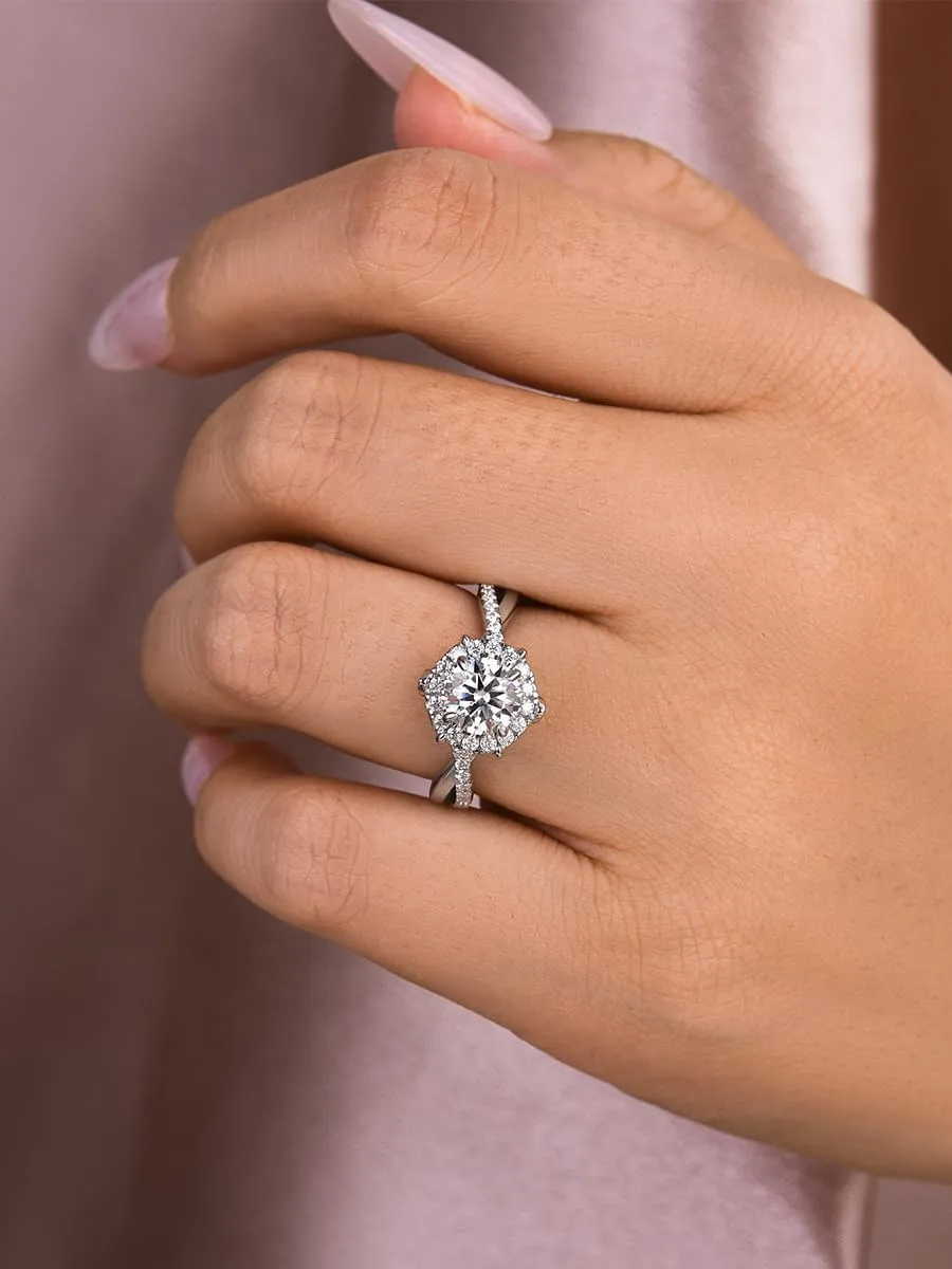 1.0CT VVS D-Color Moissanite Engagement Ring,Classic Round Brilliant Cut Halo Split Twist Shank 925 Sterling Silver Promise Ring