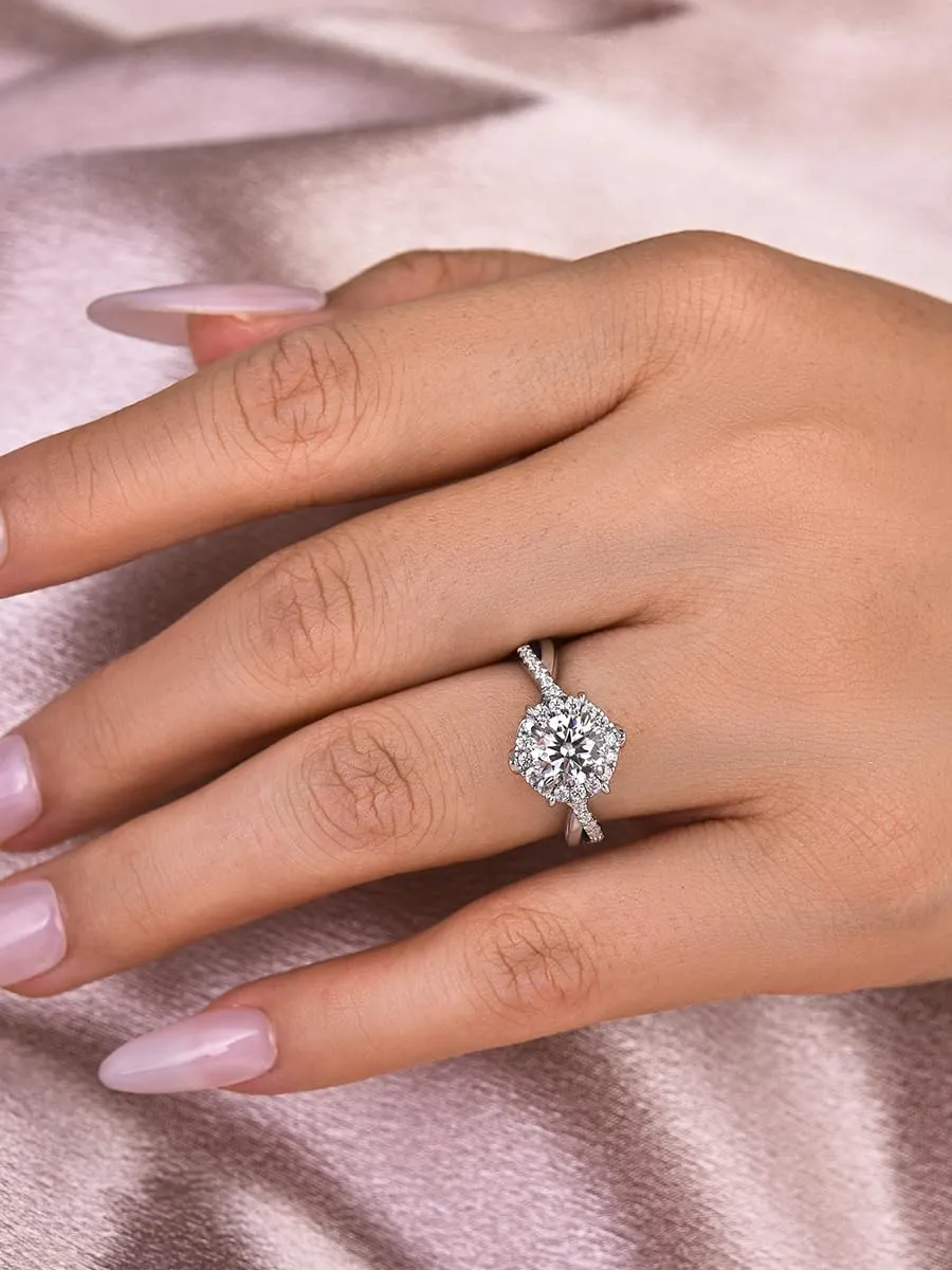 1.0CT VVS D-Color Moissanite Engagement Ring,Classic Round Brilliant Cut Halo Split Twist Shank 925 Sterling Silver Promise Ring