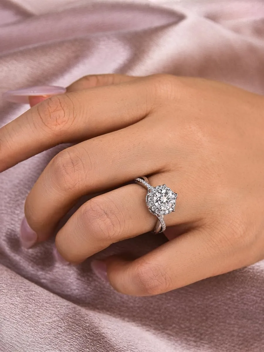 1.0CT VVS D-Color Moissanite Engagement Ring,Classic Round Brilliant Cut Halo Split Twist Shank 925 Sterling Silver Promise Ring