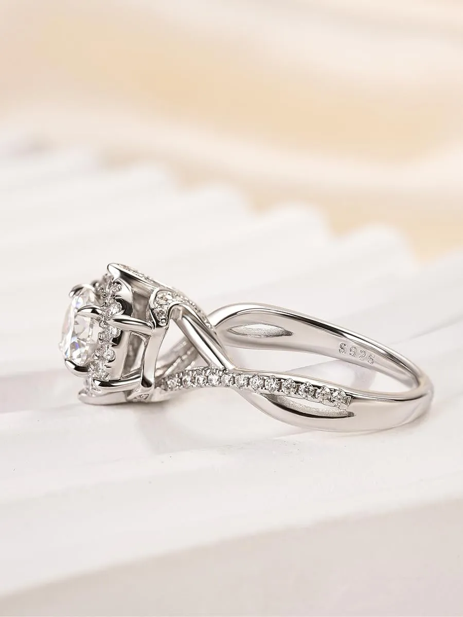 1.0CT VVS D-Color Moissanite Engagement Ring,Classic Round Brilliant Cut Halo Split Twist Shank 925 Sterling Silver Promise Ring