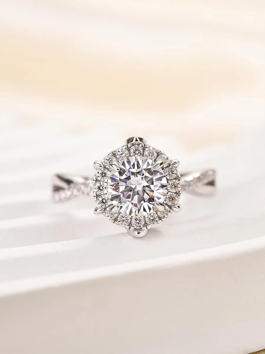 1.0CT VVS D-Color Moissanite Engagement Ring,Classic Round Brilliant Cut Halo Split Twist Shank 925 Sterling Silver Promise Ring