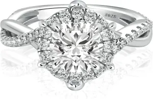1.0CT VVS D-Color Moissanite Engagement Ring,Classic Round Brilliant Cut Halo Split Twist Shank 925 Sterling Silver Promise Ring