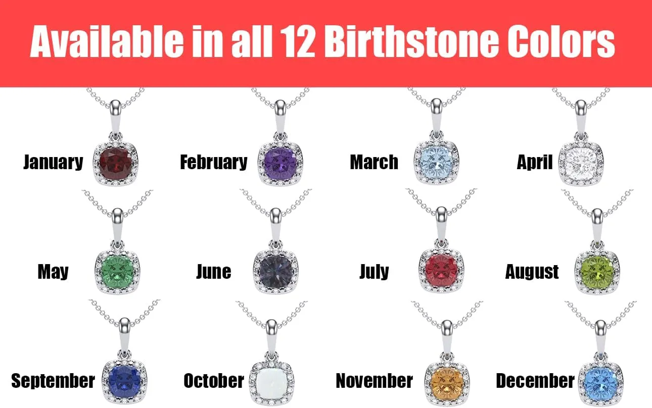 10K White Gold Birthstone Diamond Cushion Pendant Necklace for Women and Teen Girls - Hypoallergenic Ladies Necklaces with 18" Chain - Jewelry Gift for Wife