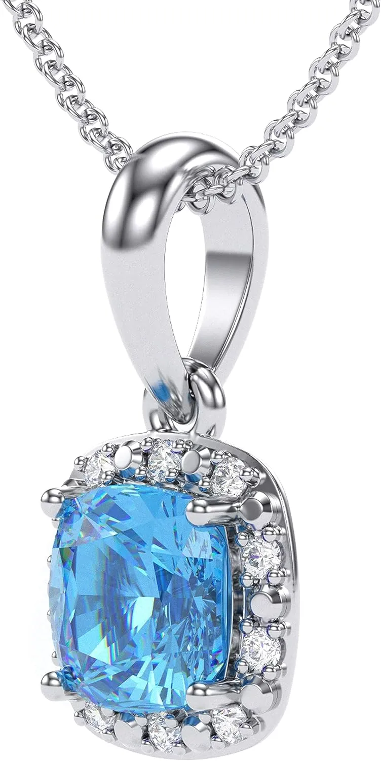 10K White Gold Birthstone Diamond Cushion Pendant Necklace for Women and Teen Girls - Hypoallergenic Ladies Necklaces with 18" Chain - Jewelry Gift for Wife