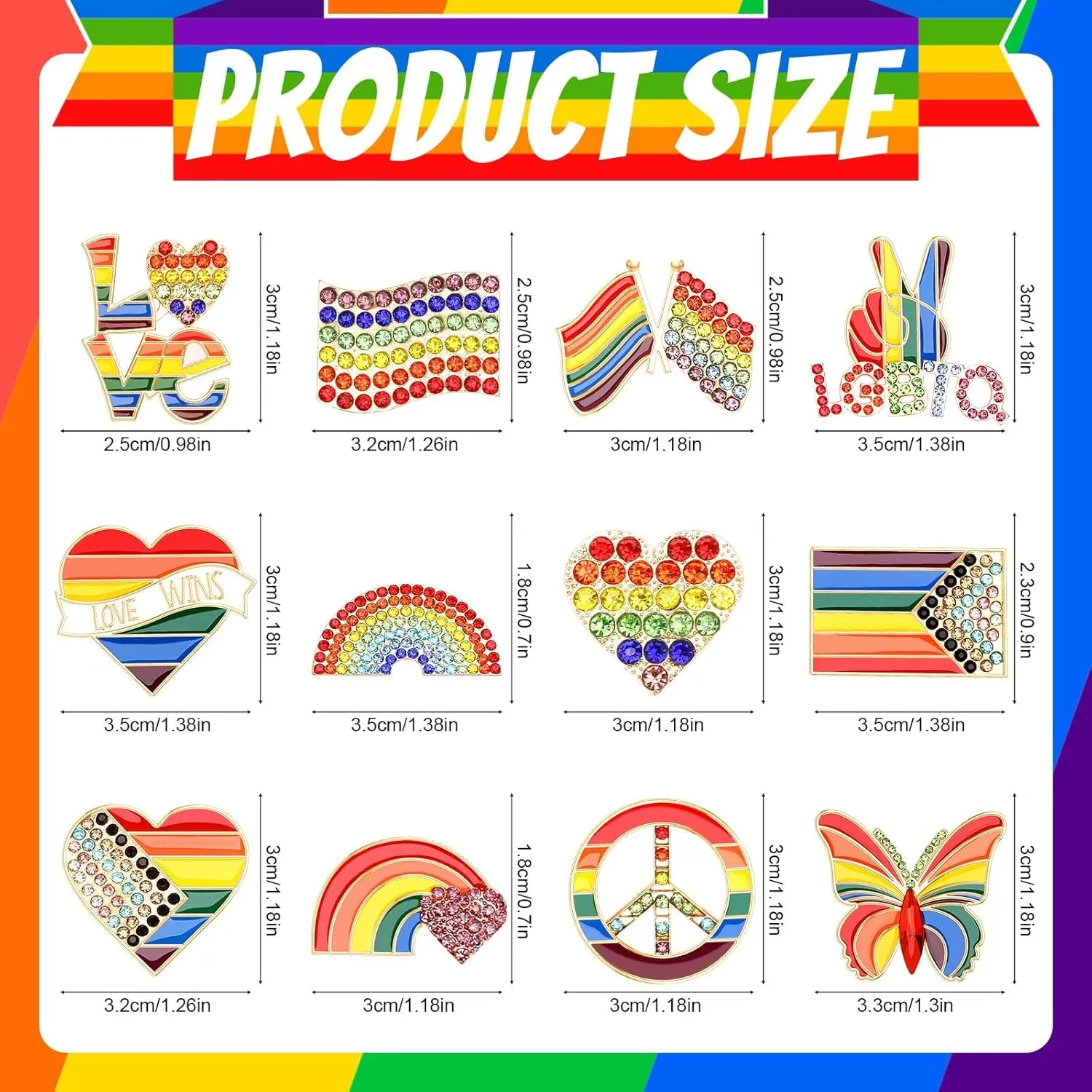 12PCS Rainbow Brooches Rhinestone Crystal Gay Pride Progress Brooches Badge LGBT Heart Flag Lapel Pins Gift for Clothes Backpack Jewelry Hat Decoration Pride Month Activities Accessories