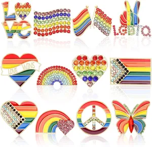 12PCS Rainbow Brooches Rhinestone Crystal Gay Pride Progress Brooches Badge LGBT Heart Flag Lapel Pins Gift for Clothes Backpack Jewelry Hat Decoration Pride Month Activities Accessories
