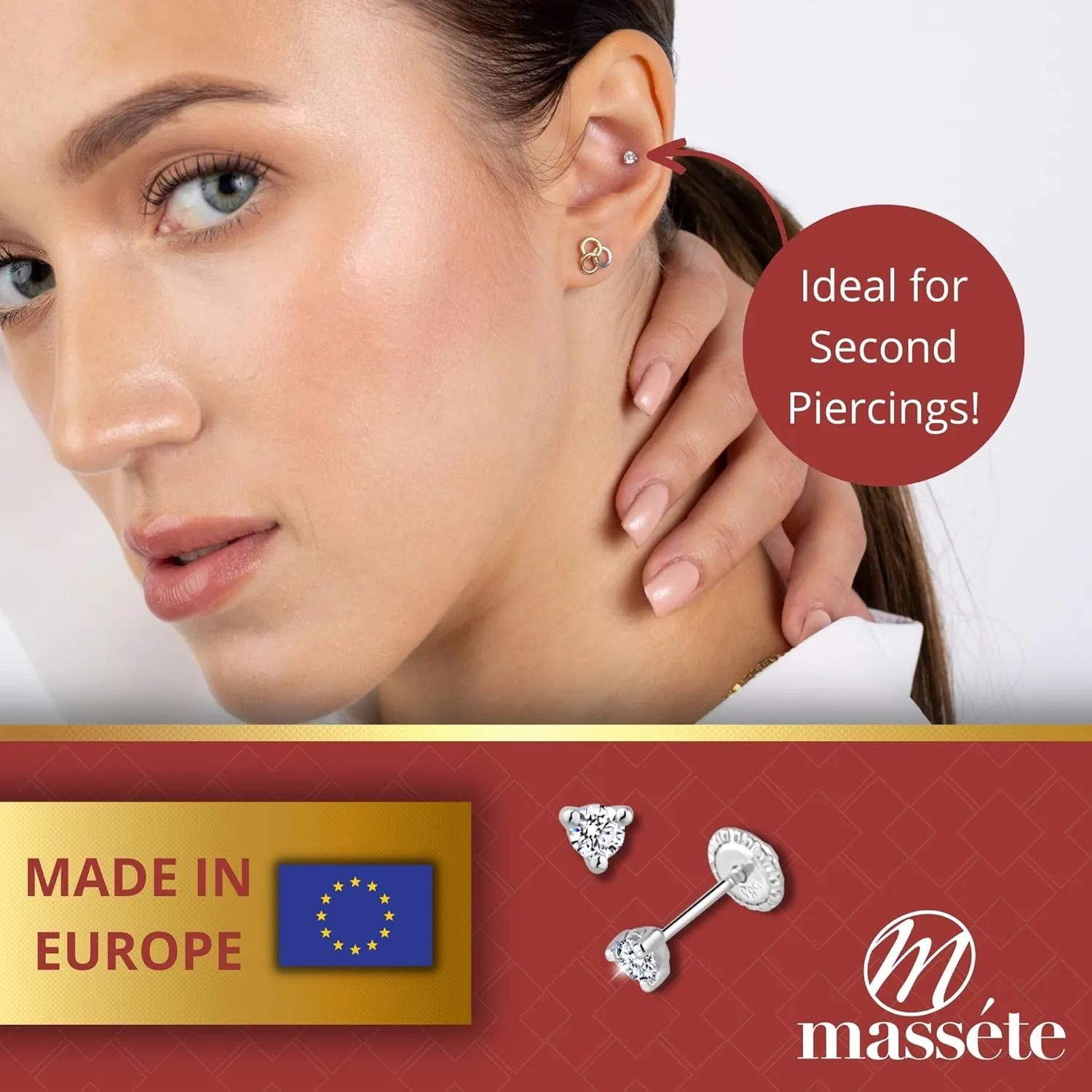 14k Gold 3-Prong Simulated Diamond Stud Earrings - Martini Style, 3mm 4mm 5mm, Covered Screwback for Women