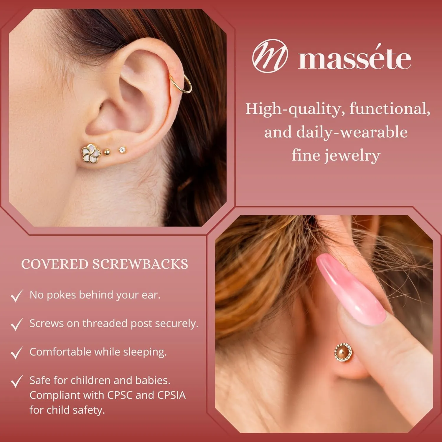 14k Gold 3-Prong Simulated Diamond Stud Earrings - Martini Style, 3mm 4mm 5mm, Covered Screwback for Women