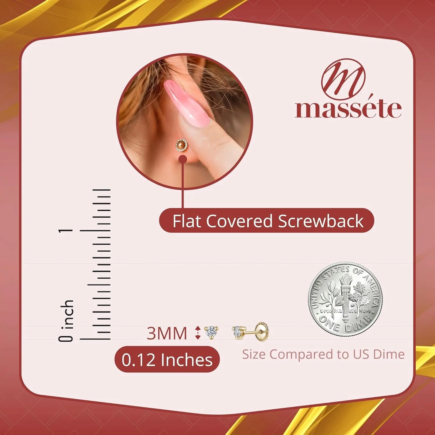 14k Gold 3-Prong Simulated Diamond Stud Earrings - Martini Style, 3mm 4mm 5mm, Covered Screwback for Women