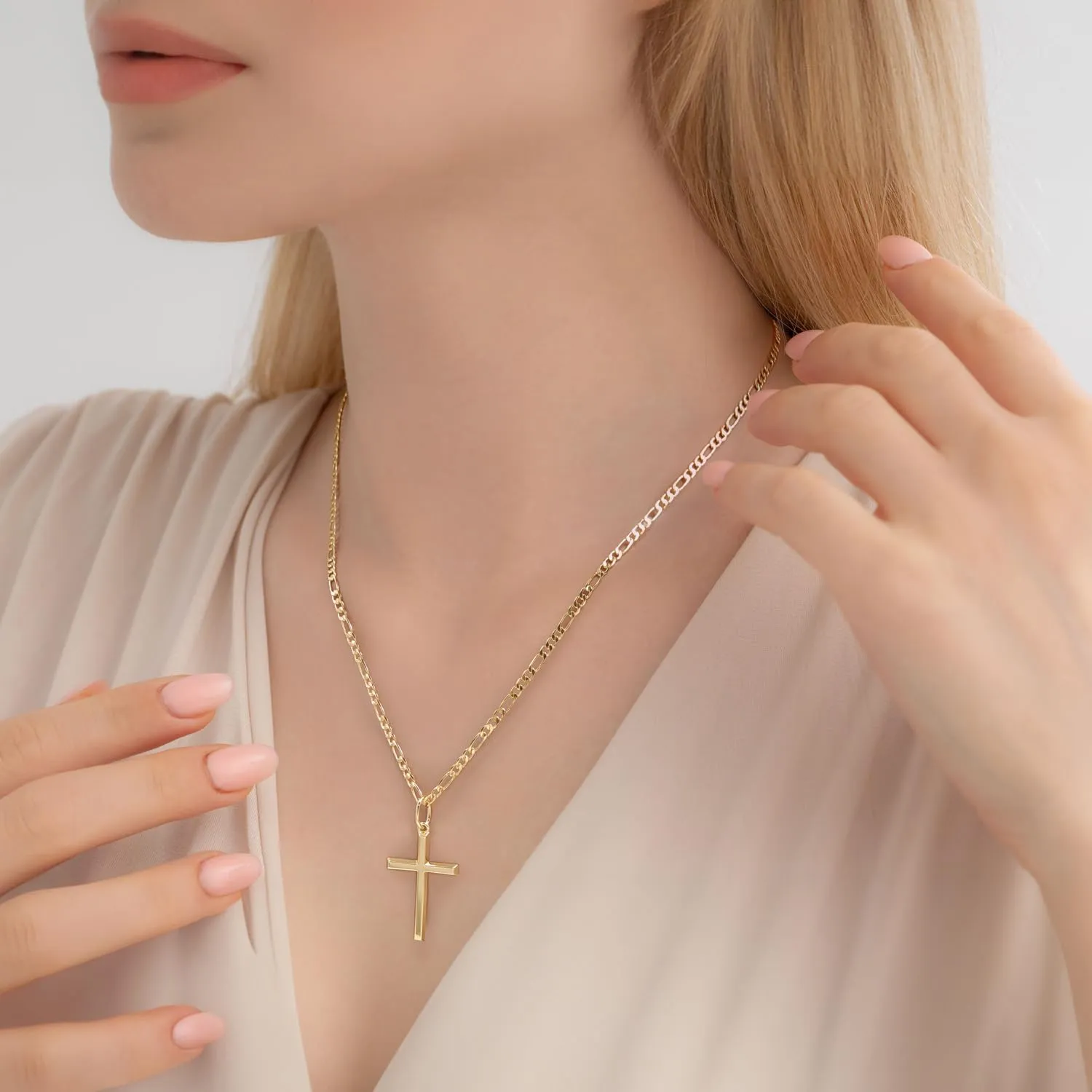 14k Gold Cross Necklace for Women Gold Cross Pendant Figaro Chain Mariner Masculine Appeal 19 INCH