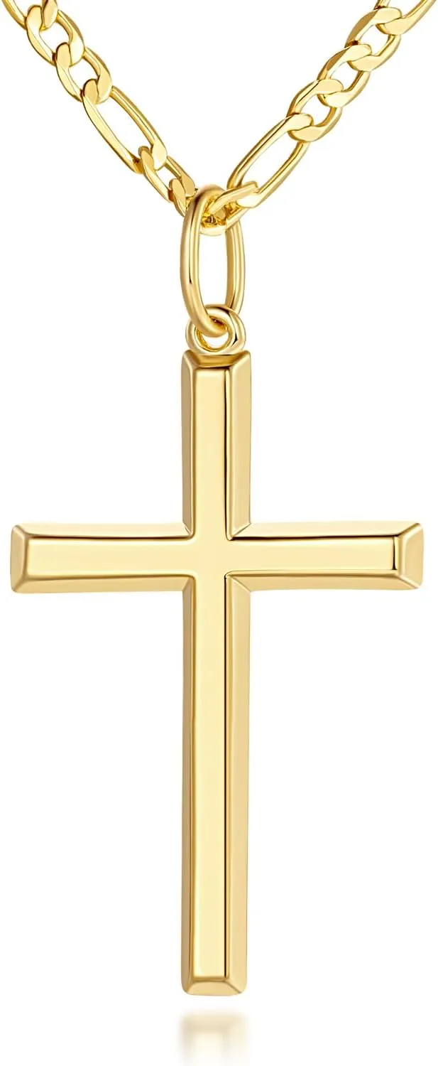 14k Gold Cross Necklace for Women Gold Cross Pendant Figaro Chain Mariner Masculine Appeal 19 INCH
