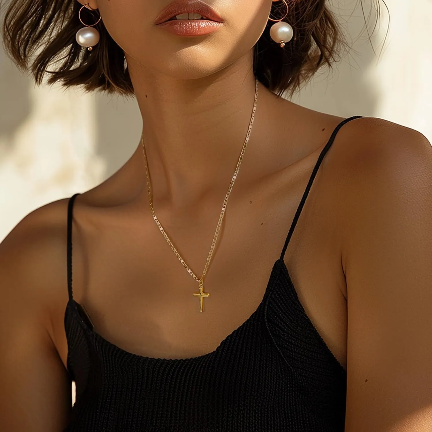 14k Gold Cross Necklace for Women Gold Cross Pendant Figaro Chain Mariner Masculine Appeal 19 INCH