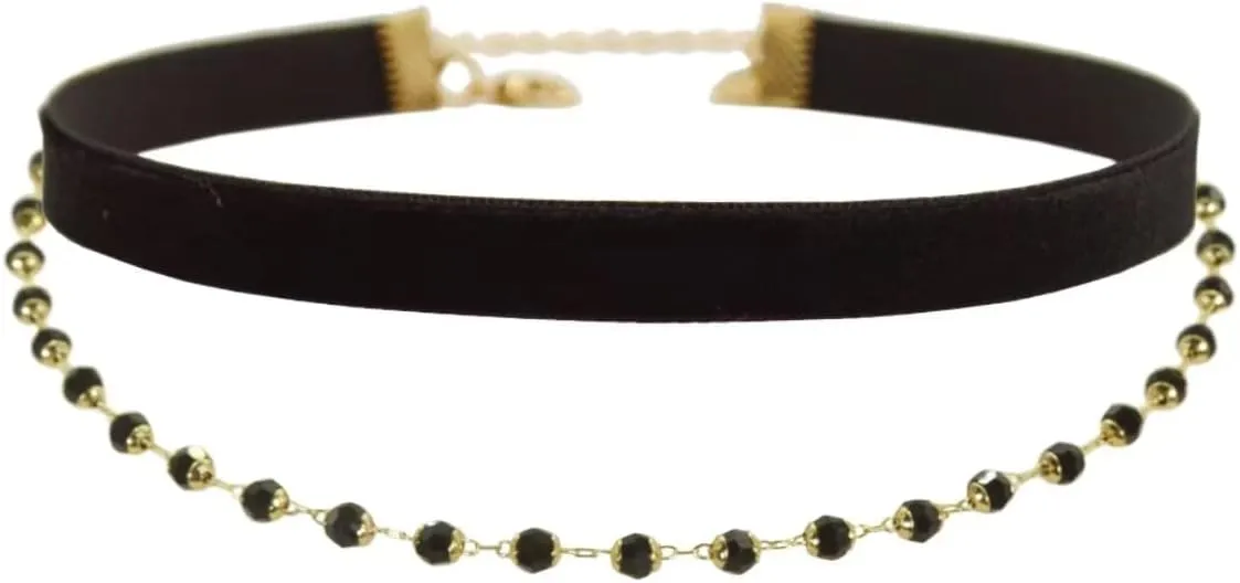14K Gold Plated Black Bead and Velvet Layered Choker Necklaces for Women Goth Chokers Vampire Chocker Witch Chockers 90s Gothic Cowgirl Accessories for Woman