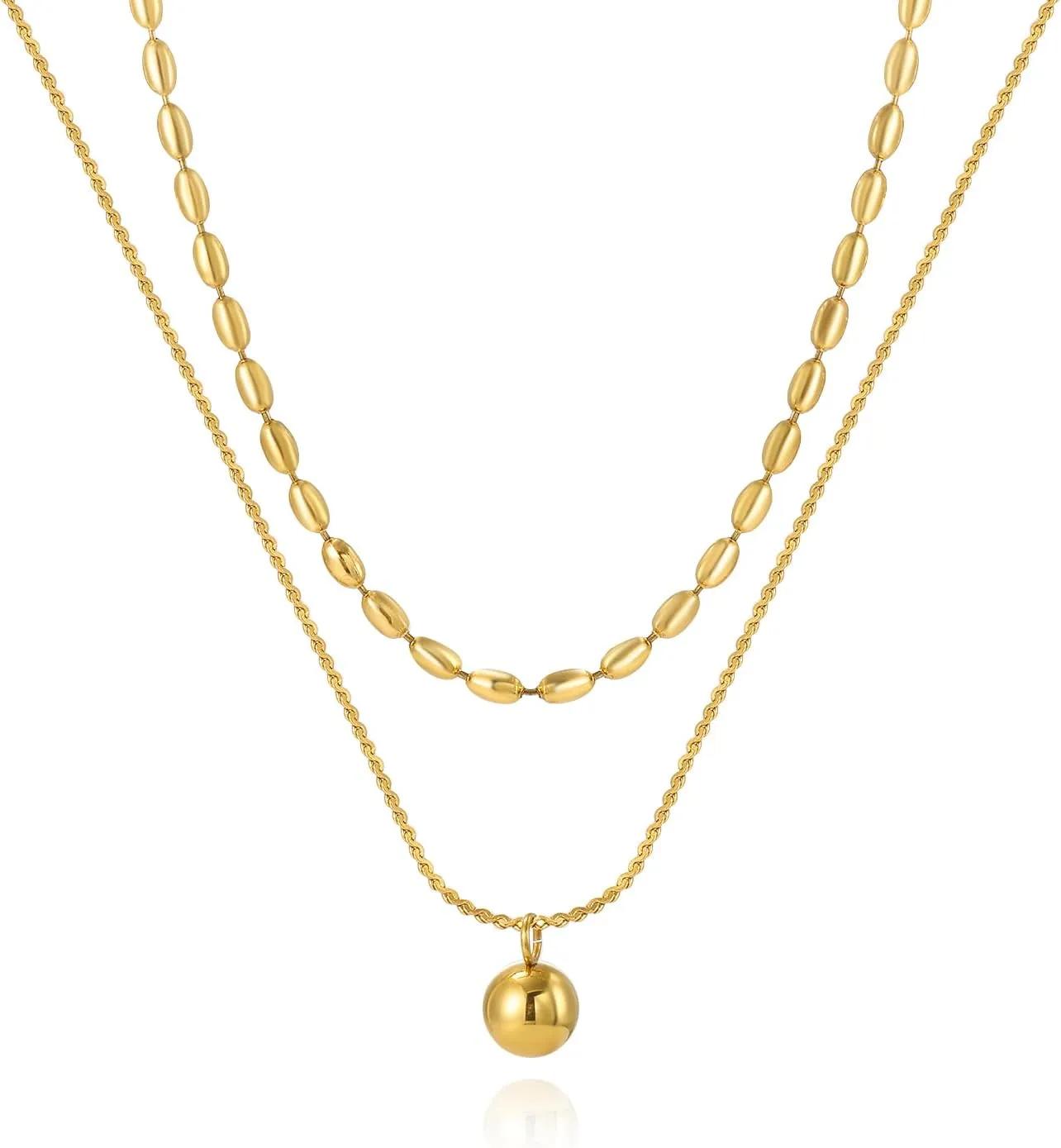 14K Gold Plated Layered Choker Necklaces for Women, Stackable Multilayer Beaded Chain Necklaces Set with Charm Ball Pendant