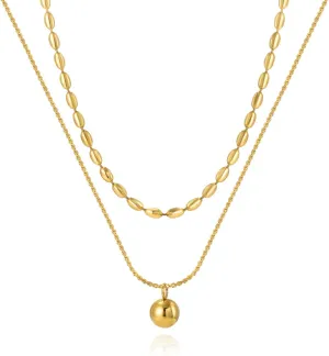 14K Gold Plated Layered Choker Necklaces for Women, Stackable Multilayer Beaded Chain Necklaces Set with Charm Ball Pendant