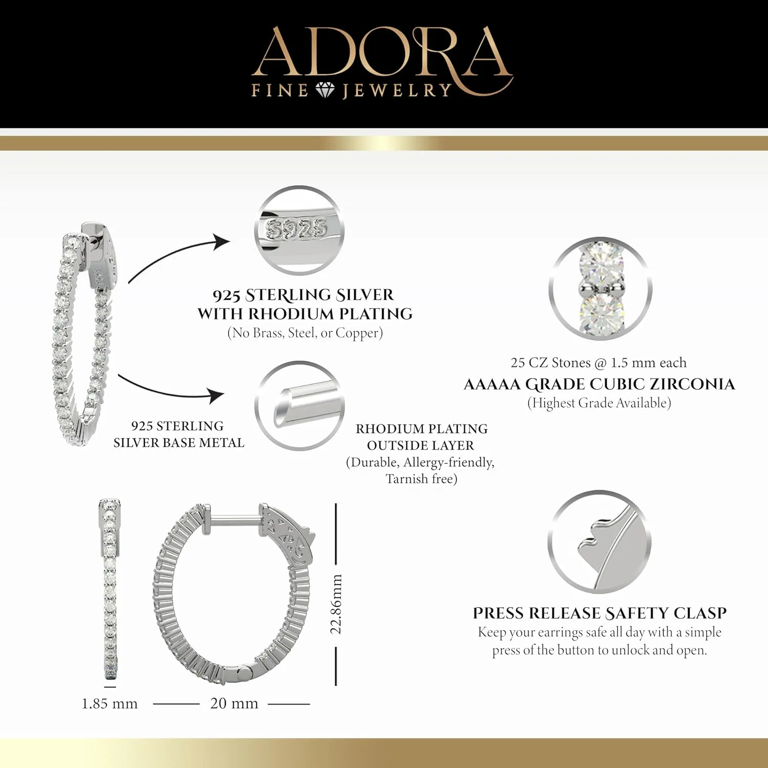 14K Yellow Gold Plated or 925 Rhodium Plated Inside-Outside Oval Hinged Hoop Earrings | Small, Medium, Large | 24mm to 35mm | 5A Cubic Zirconia (cz) | Latch Safety Clasp | By Adora Fine Jewelry
