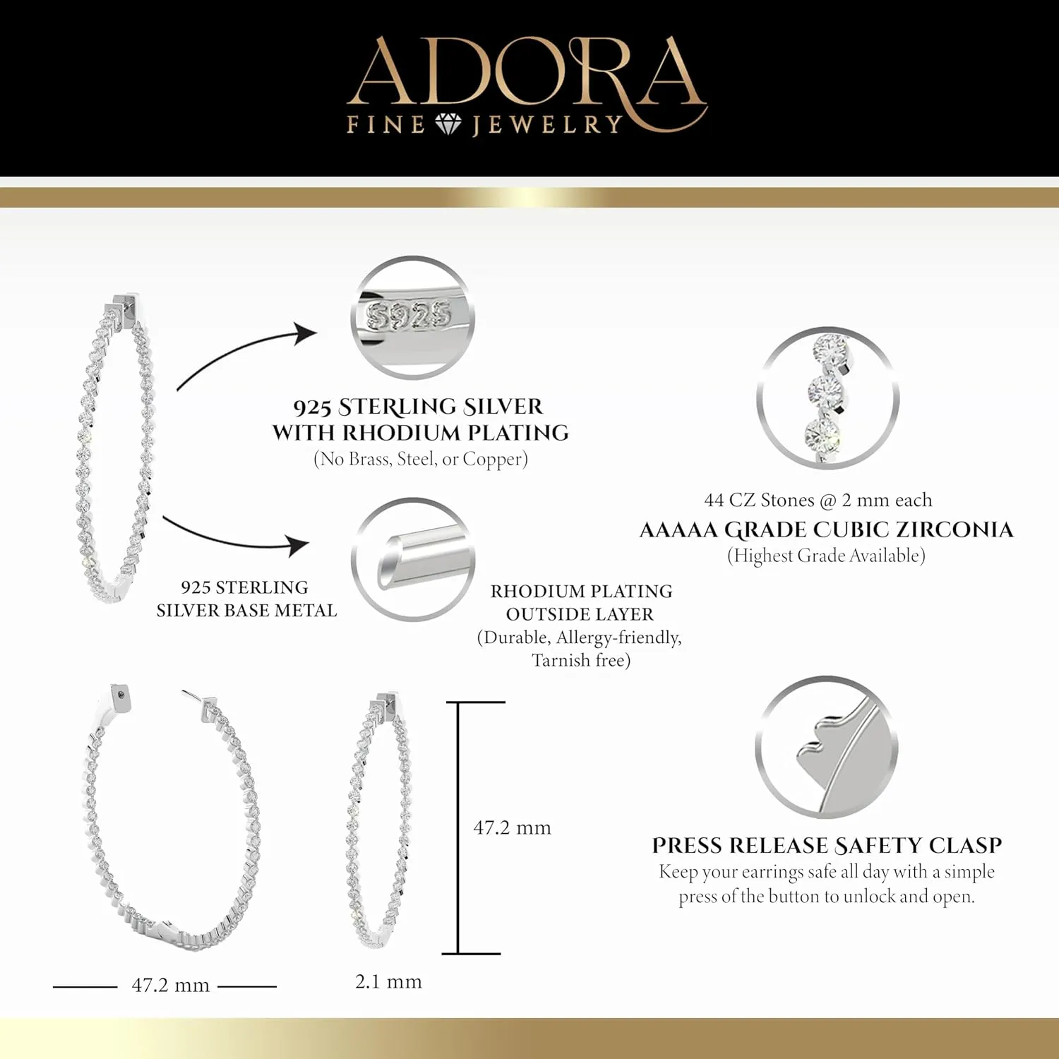 14K Yellow Gold Plated or 925 Rhodium Plated Inside-Outside Round Hoop Earrings | Medium, Large | 31 mm or 45mm | 2.0mm 5A Cubic Zirconia (cz) | Latch Safety Clasp |By Adora Fine Jewelry