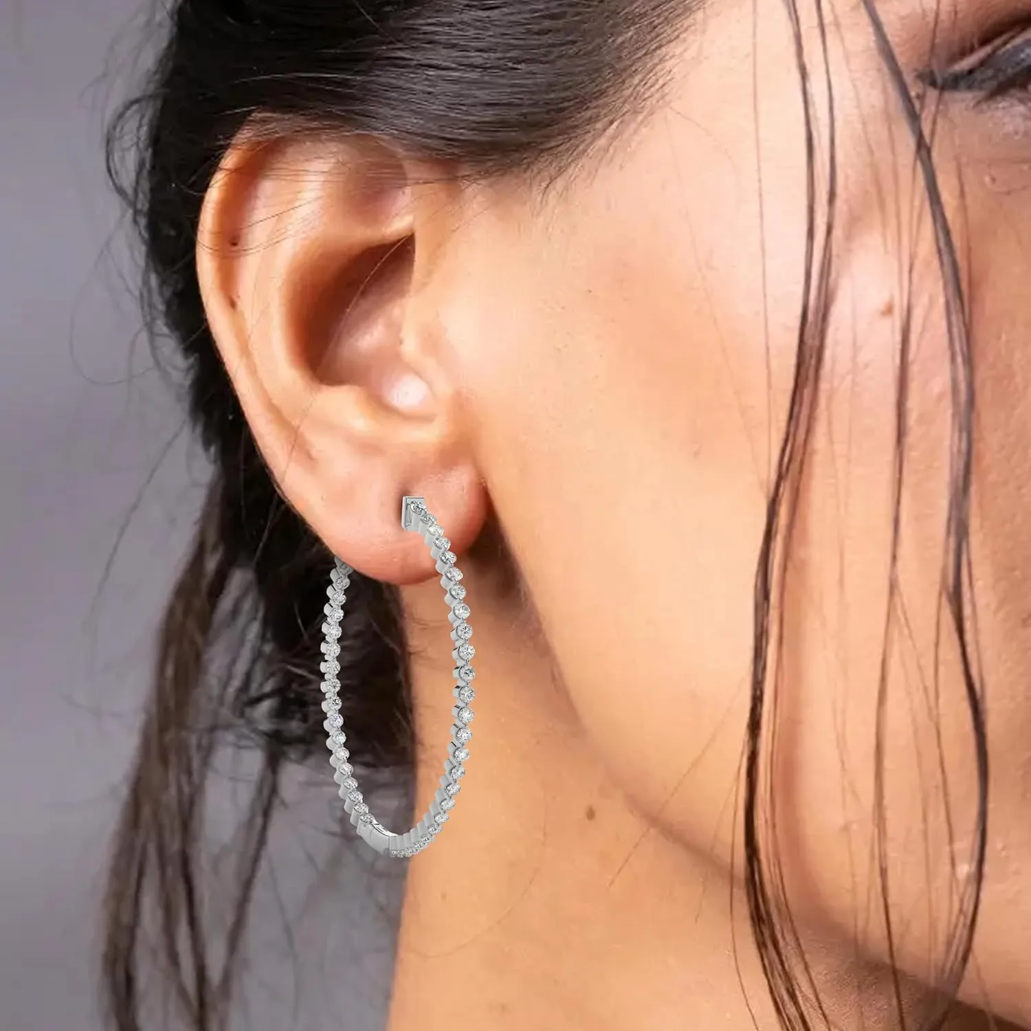 14K Yellow Gold Plated or 925 Rhodium Plated Inside-Outside Round Hoop Earrings | Medium, Large | 31 mm or 45mm | 2.0mm 5A Cubic Zirconia (cz) | Latch Safety Clasp |By Adora Fine Jewelry