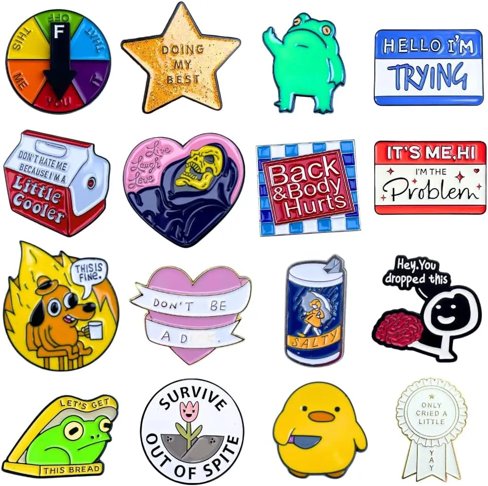 16PC Funny Enamel Pins Cute Cool Fun Button Lapel Metal Brooch Pin for Backpacks Jacket Hat Bag Vest Bookbag Lanyard Work Teens Adults Cartoon Meme Silly Novelty Assorted Collective Trendy Bulk Set