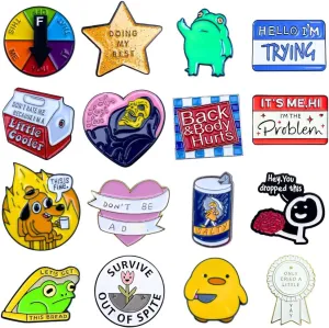 16PC Funny Enamel Pins Cute Cool Fun Button Lapel Metal Brooch Pin for Backpacks Jacket Hat Bag Vest Bookbag Lanyard Work Teens Adults Cartoon Meme Silly Novelty Assorted Collective Trendy Bulk Set