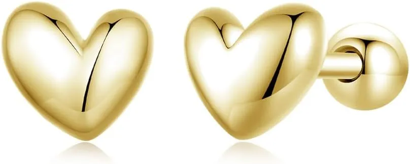 18g Gold Mini Heart Sterling Silver Hypoallergenic Pierced Earrings for Women Girls Minimalist Love Hearted Bead Stud Tiny Small Cartilage 3mm Ball Screw Back Tragus Cute Birthday Christmas Valentines Jewelry Gifts