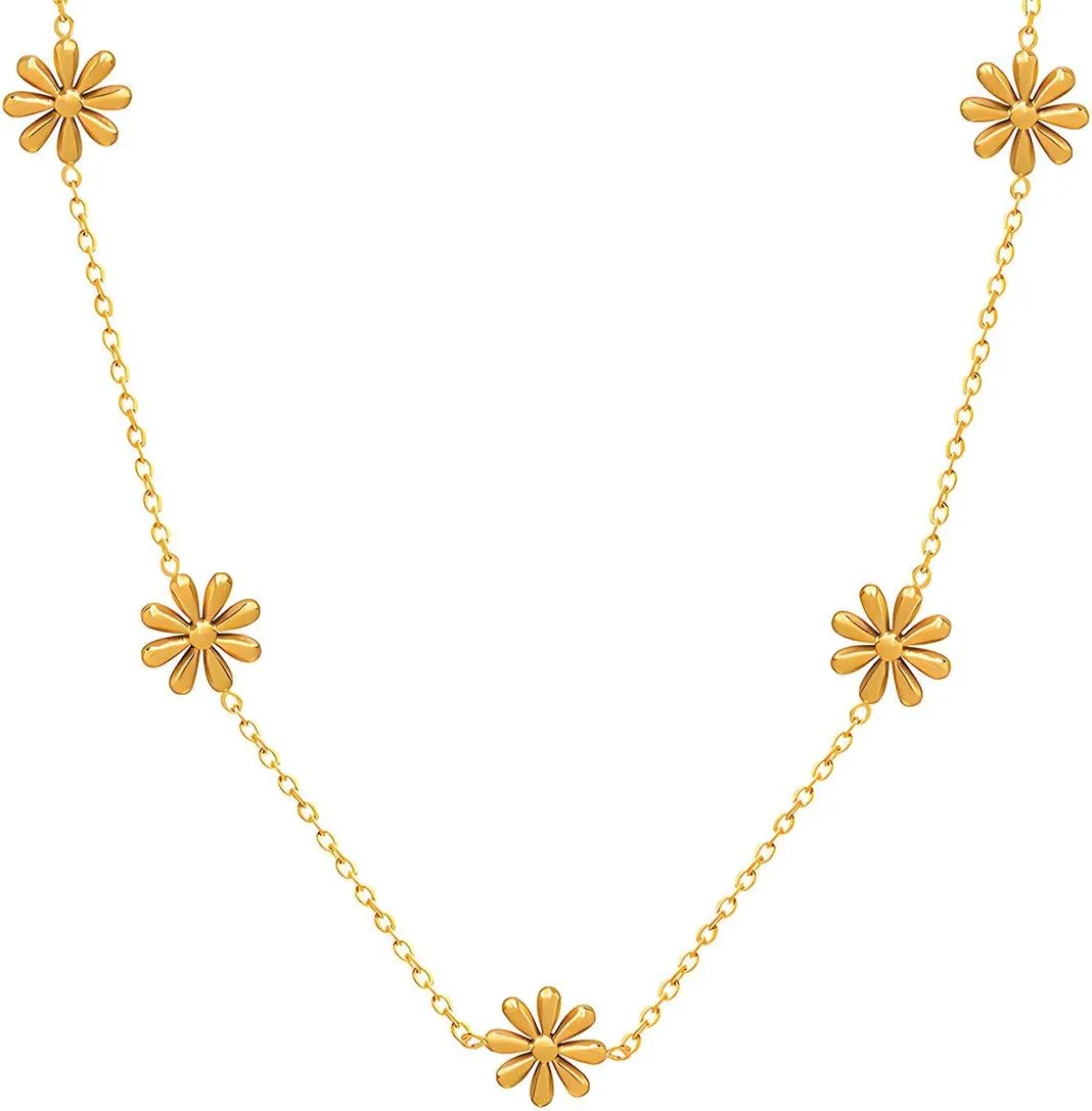 18K Gold Plated Daisy Flower Station Necklace for Women - Delicate Titanium Steel Non-tarnish Choker Necklace 16" with Adjustable Chain, Perfect Layering Jewelry