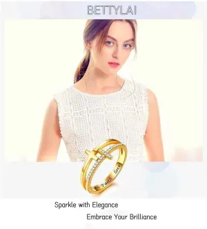 18K Gold-Plated Sterling Silver Statement Rings, Double Row Cross Rings with Cubic Zirconia, Embrace Faith and Glamour for Women