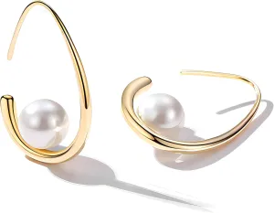 18K Plated Minimalist Pearl Hoop Earrings - Trendy Geometric Shaped Gold Pearl Earrings for Women, Fashion Jewelry