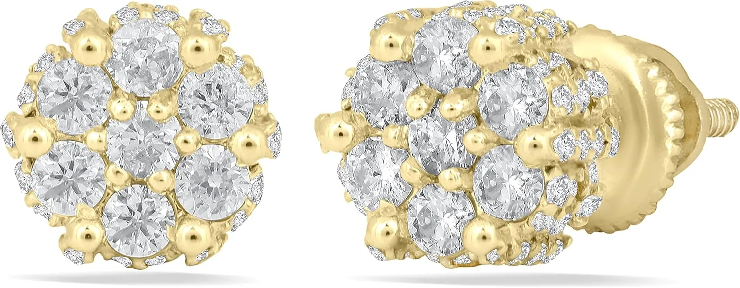 1CT Natural Round Flower Diamonds Cluster Stud Earrings 10K Gold