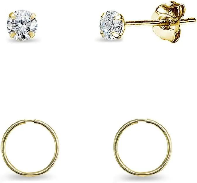 2 Pairs 14K Gold Unisex 10mm Mini Small Continuous Endless Hoops and Tiny Round 2mm CZ Stud Earrings Set