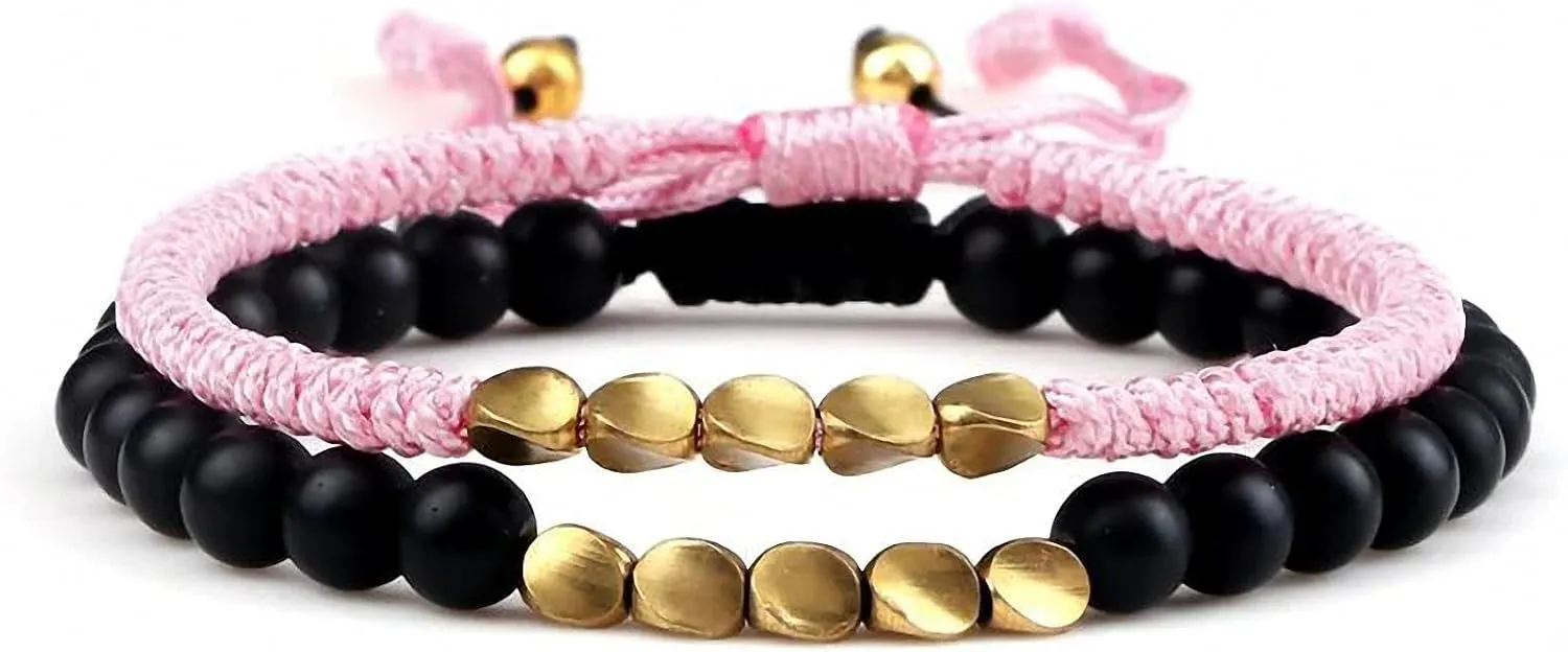 2 pcs/set Red Black Rope Braided Bracelet for Lover Handmade 6 mm Natural Lava Stone Beads Bracelets Friendship Adjustable Jewelry