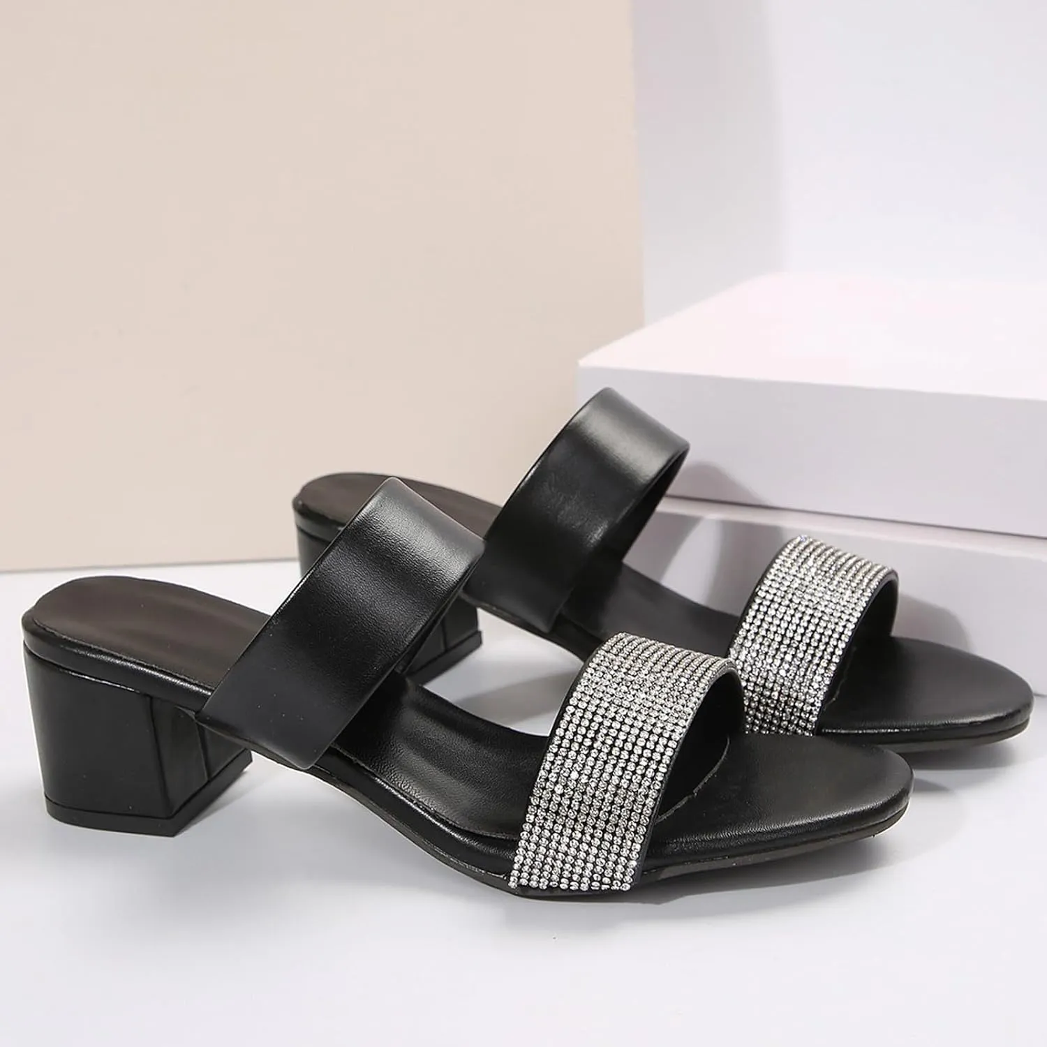 2025 Women Chunky Heels Sandals Fashion Rhinestone Sexy Ladies Dress Shoe Breathable Height Increase High Heel Shoes Summer Dance Party Slides Comfortable Non-Slip Walking Footwear