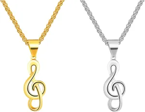 2Pack Set Stainless Steel Music Note Pendant Chain Necklace for Men Women,Silver Gold Titanium Steel Music Treble Clef Pendant Charm Necklaces for Man Woman Jewelry,24inch Chain