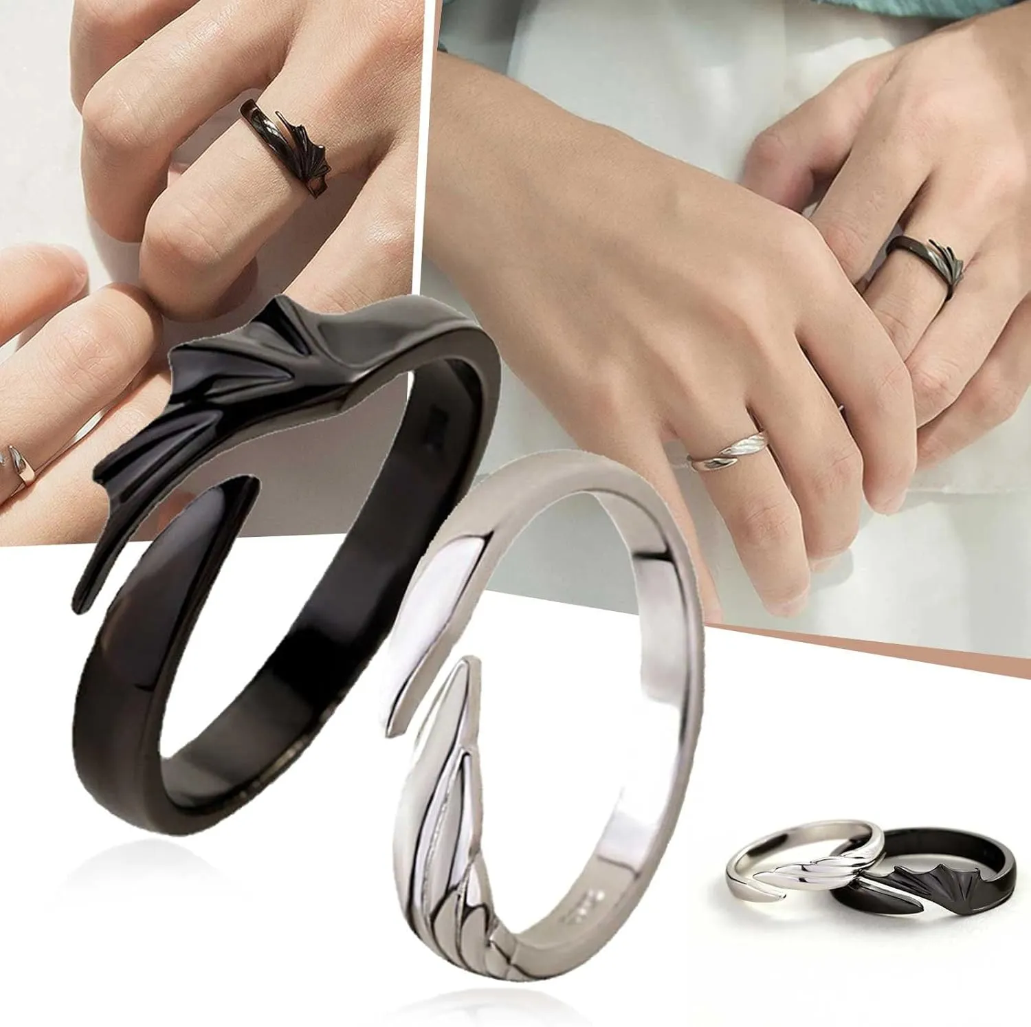 2PC Couple Promise Rings, Angel Devil Rings, Angel Devil Matching Ring Sets, Angel Devil Wings Open Ring Ring for Couples