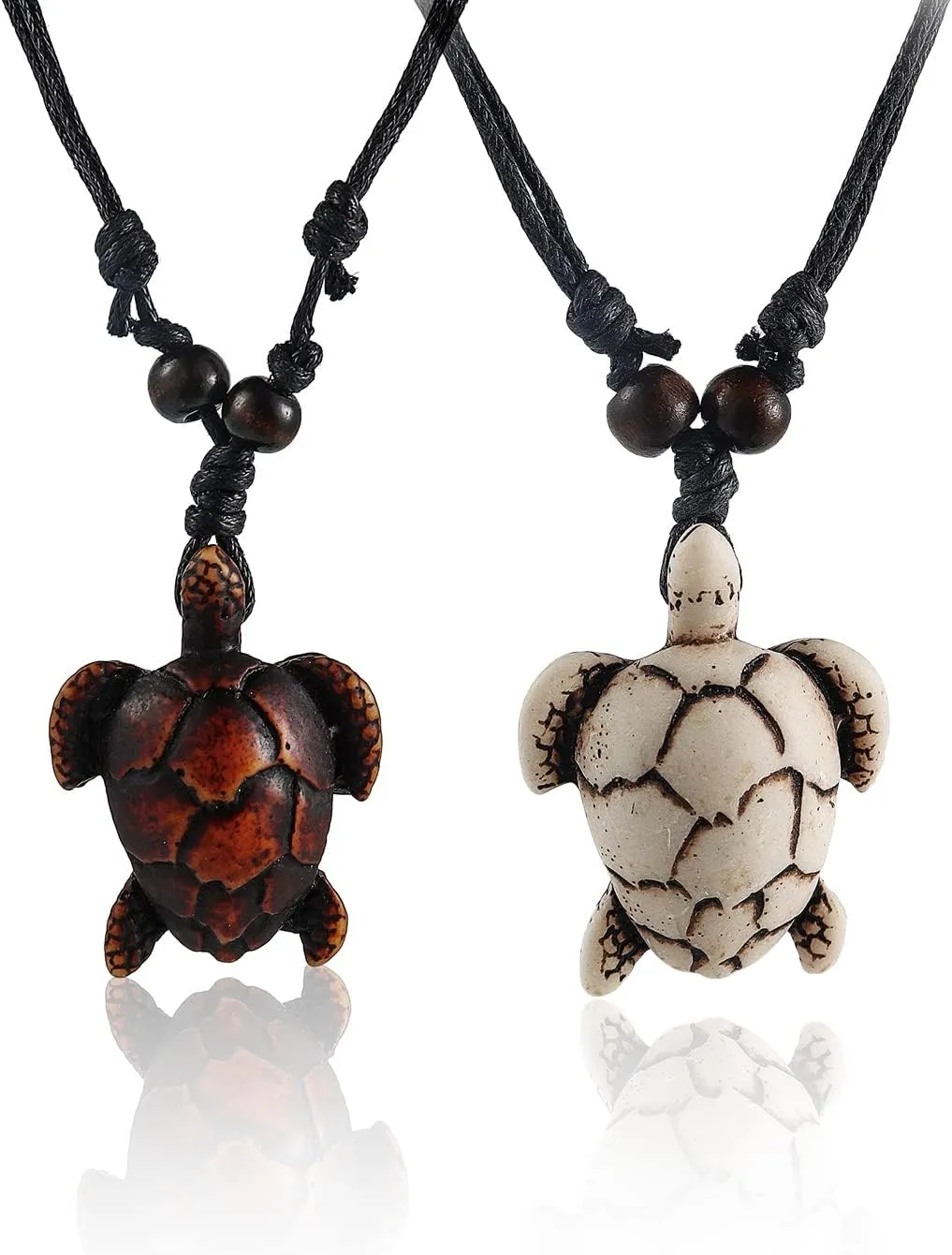 2Pcs Artificial Bone Carving Sea Turtle Pendant Necklaces - Yin Yang Tortoise Medallion Necklace - Hawaiian Animal Lucky Mascot Amulet for Women & Men
