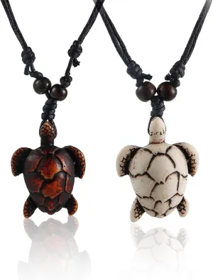 2Pcs Artificial Bone Carving Sea Turtle Pendant Necklaces - Yin Yang Tortoise Medallion Necklace - Hawaiian Animal Lucky Mascot Amulet for Women & Men