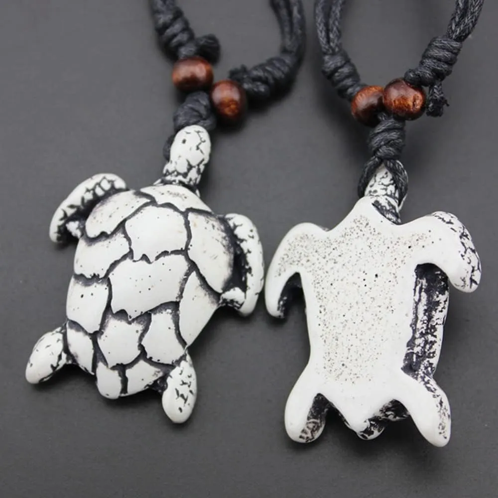 2Pcs Artificial Bone Carving Sea Turtle Pendant Necklaces - Yin Yang Tortoise Medallion Necklace - Hawaiian Animal Lucky Mascot Amulet for Women & Men