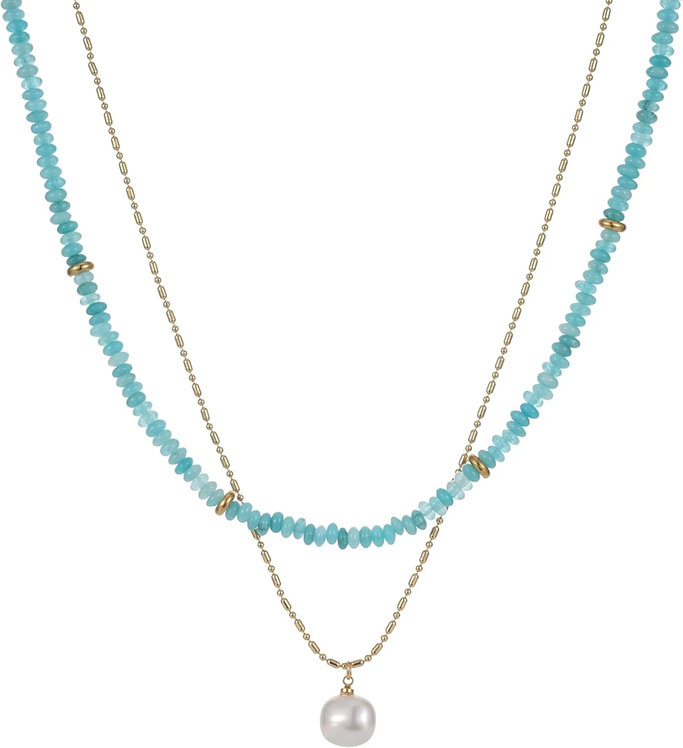 2Pcs Beaded Gemstone Layered Necklace for Women Colorful Boho Bead Choker Necklace Natural Stone Freshwater Pearl Surfer Beach Necklace 14K Gold Plated Summer Handmade Necklaces Jewelry (KS-11)