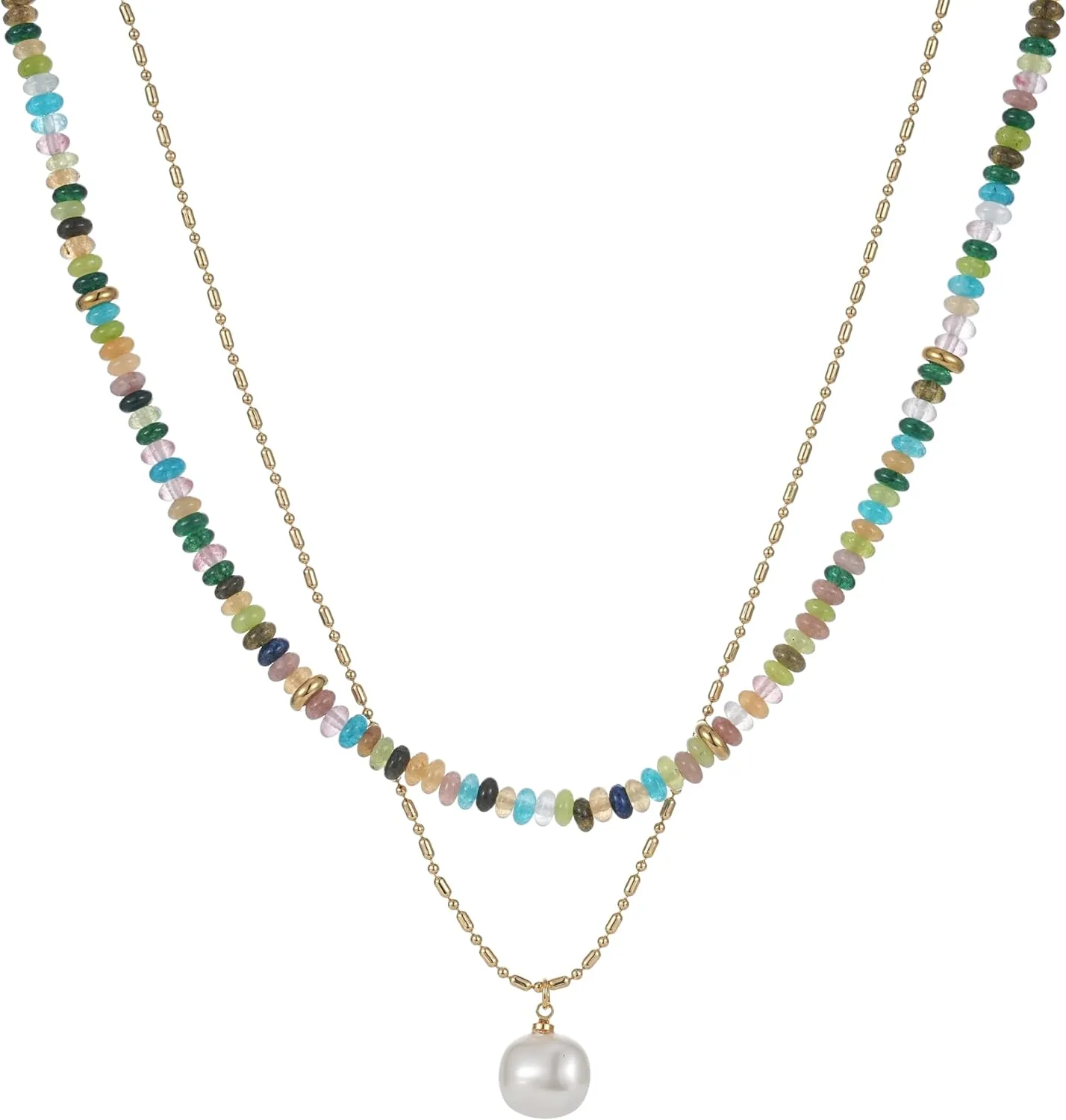2Pcs Beaded Gemstone Layered Necklace for Women Colorful Boho Bead Choker Necklace Natural Stone Freshwater Pearl Surfer Beach Necklace 14K Gold Plated Summer Handmade Necklaces Jewelry (KS-12)