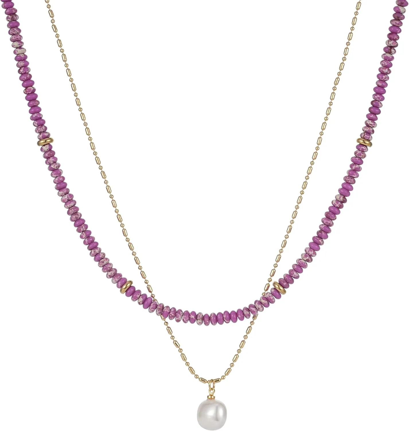 2Pcs Beaded Gemstone Layered Necklace for Women Colorful Boho Bead Choker Necklace Natural Stone Freshwater Pearl Surfer Beach Necklace 14K Gold Plated Summer Handmade Necklaces Jewelry (KS-9)