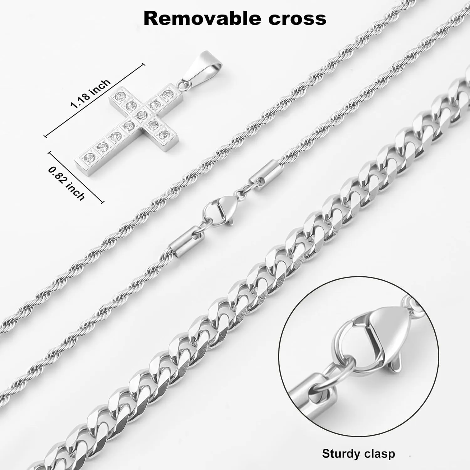 2Pcs Cross Necklace for Men, Cuba Silver Mens Cross Necklaces Stainless Steel Cross Pendant Necklace Simple Jewelry Gifts Cross Chain Necklace for Men