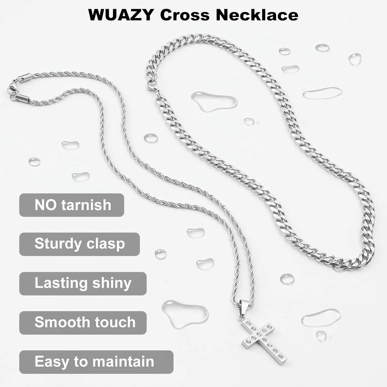 2Pcs Cross Necklace for Men, Cuba Silver Mens Cross Necklaces Stainless Steel Cross Pendant Necklace Simple Jewelry Gifts Cross Chain Necklace for Men