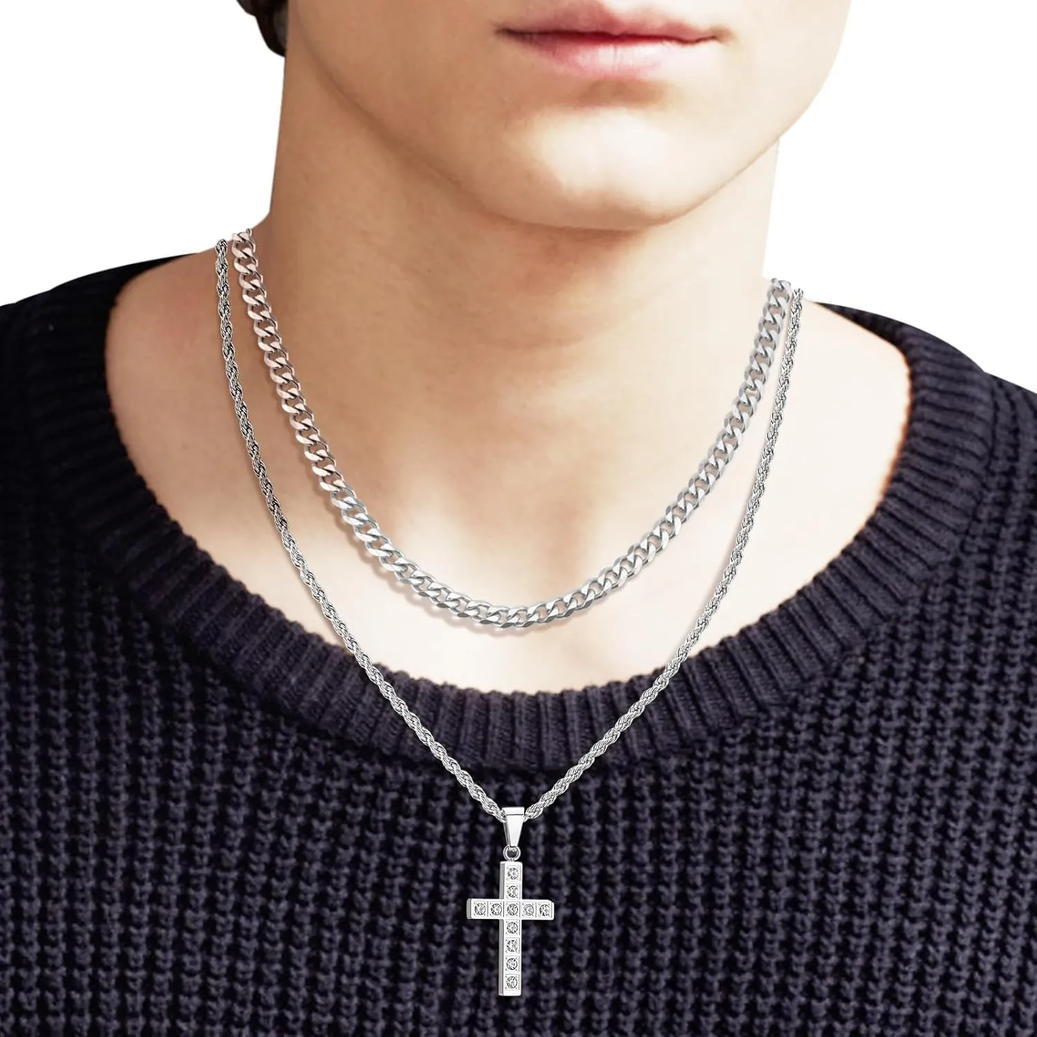 2Pcs Cross Necklace for Men, Cuba Silver Mens Cross Necklaces Stainless Steel Cross Pendant Necklace Simple Jewelry Gifts Cross Chain Necklace for Men