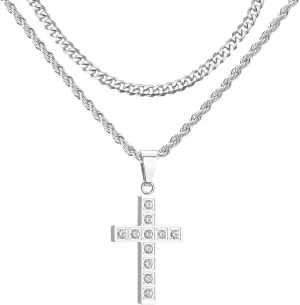 2Pcs Cross Necklace for Men, Cuba Silver Mens Cross Necklaces Stainless Steel Cross Pendant Necklace Simple Jewelry Gifts Cross Chain Necklace for Men