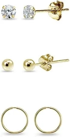 3 Pairs 14K Gold Unisex 10mm Mini Small Continuous Endless Hoops, Tiny Round 2mm CZ & Ball Bead Stud Earrings Set