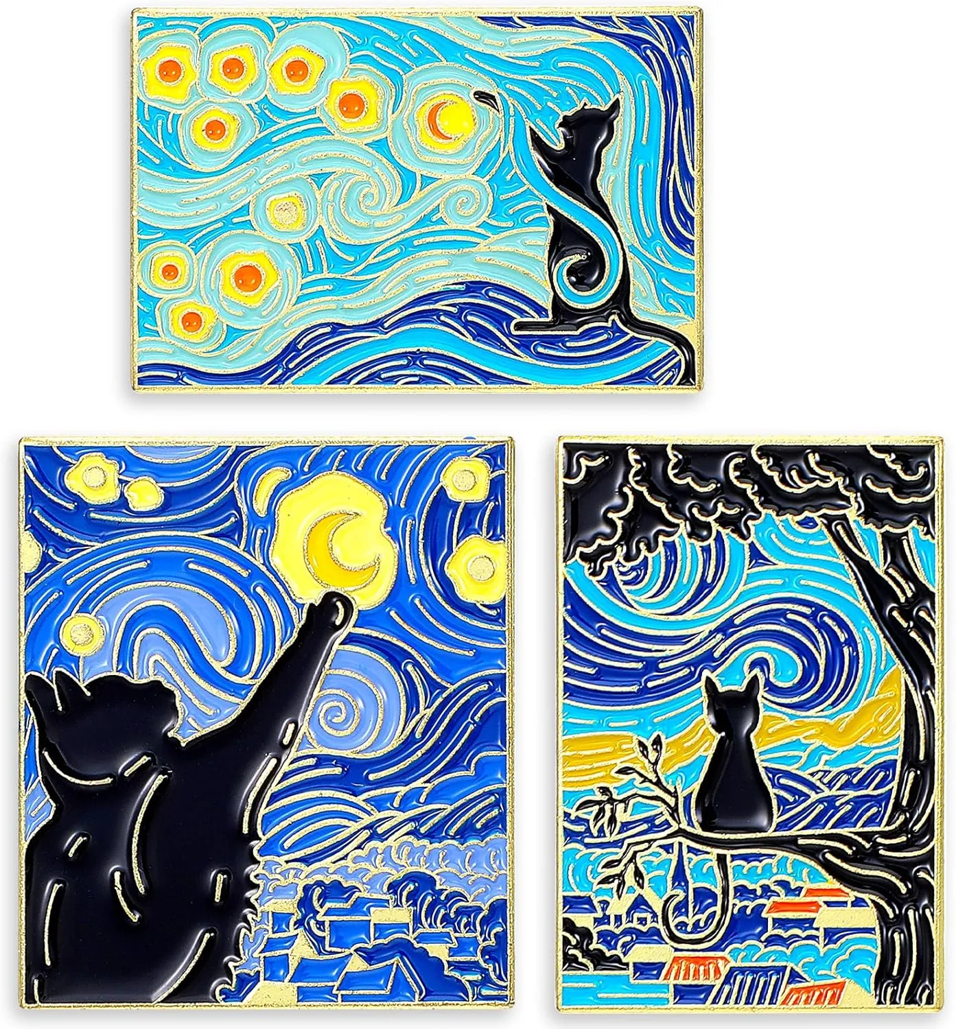 3 PCs Enamel Cat Pins - Lapel, Bag, Hat, Lanyard Pins; Starry Night Design