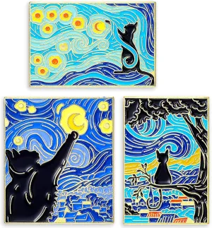 3 PCs Enamel Cat Pins - Lapel, Bag, Hat, Lanyard Pins; Starry Night Design